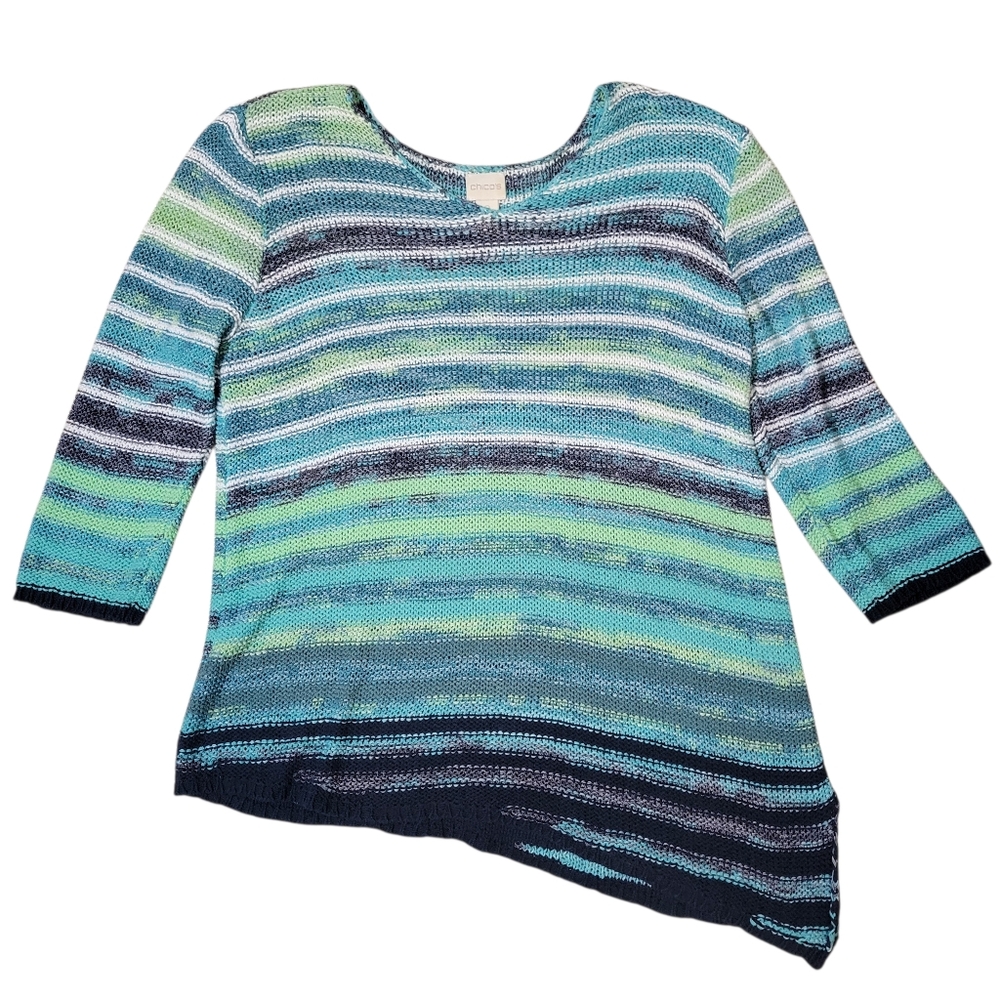 Chicos Blue Green Stripe Asymmetrical Cotton Blend Knit Top Size 12 Chicos 2
